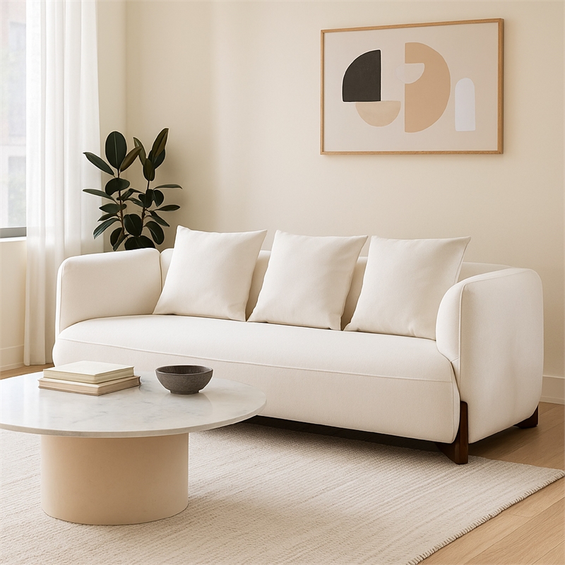 Benjara Kiol Sofa- 3 Accent Pillows- White Padded Polyester Seating- 88 Inch