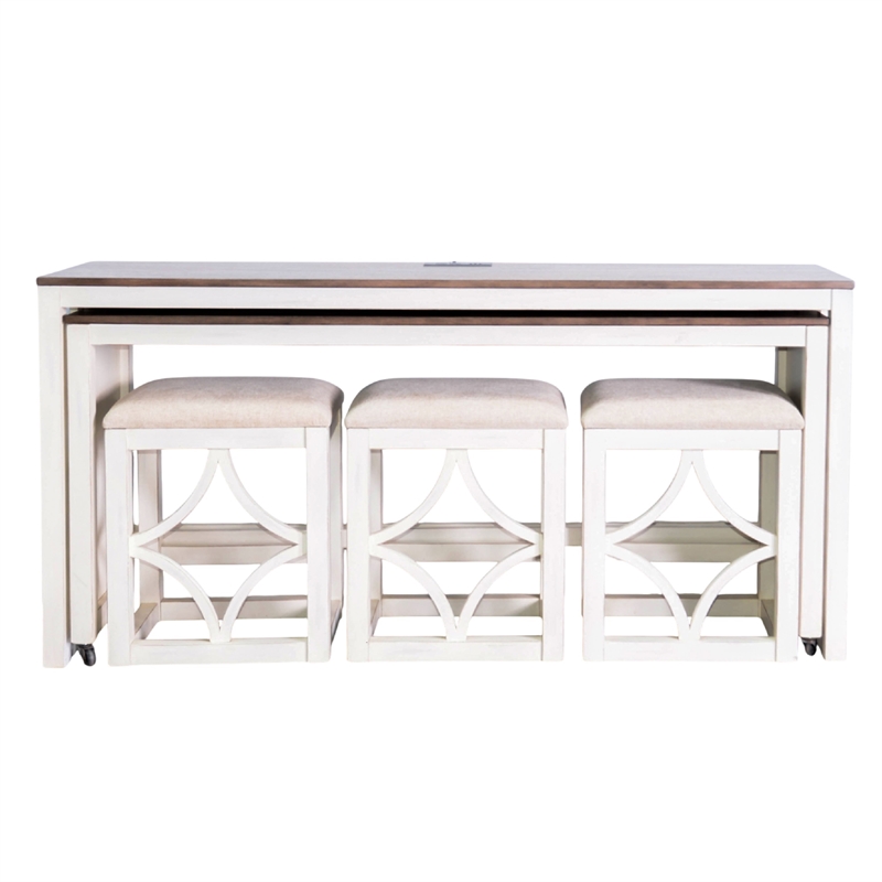 Benjara Feli 5pc Nesting Console Table w 3 Stools Set- Brown Wood Top- White