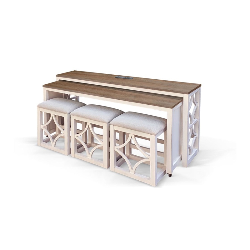 Benjara Feli 5pc Nesting Console Table w 3 Stools Set- Brown Wood Top- White