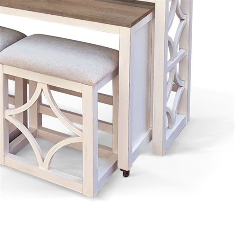 Benjara Feli 5pc Nesting Console Table w 3 Stools Set- Brown Wood Top- White