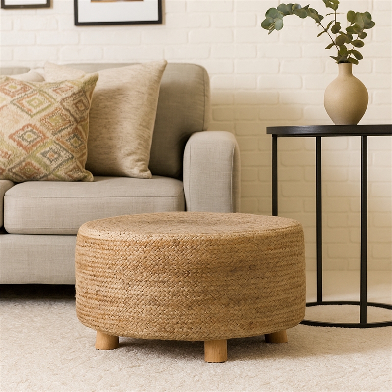 Benjara Accent Stool- 25 Inch- Round Natural Brown Jute Seat- Wood Legs