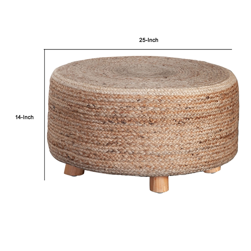 Benjara Accent Stool- 25 Inch- Round Natural Brown Jute Seat- Wood Legs