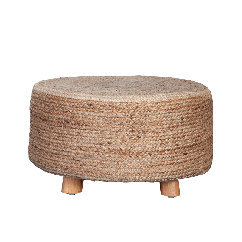 Benjara Accent Stool- 25 Inch- Round Natural Brown Jute Seat- Wood Legs