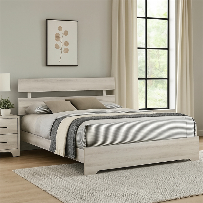Benjara Cuzzy King Platform Bed with Panel Headboard- Low Profile White Wood