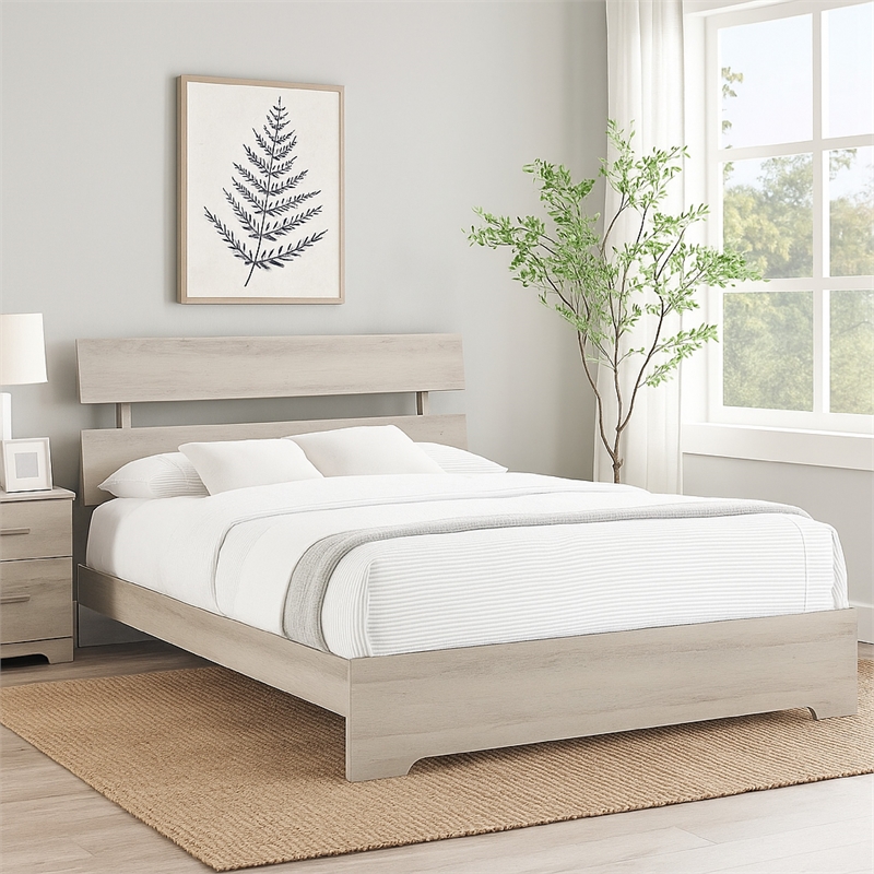 Benjara Cuzzy Queen Platform Bed with Panel Headboard- Low Profile White Wood
