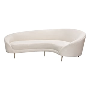 Benjara Dela Contoured Sofa in Contemporary Cream Velvet- Gold Metal Legs 100&quot
