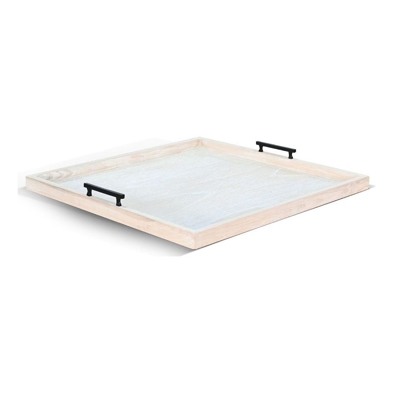 Benjara Yela Decorative Tray- 27x27 Square with Black Handles- Natural Brown
