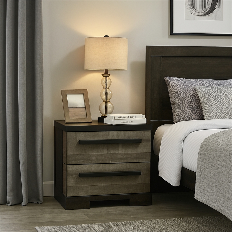 Benjara Ruthe Nightstand with 2 Drawers- Wide Top- Ebony Black- Gray Wood