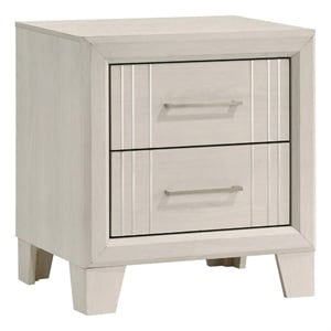 Benjara Charie Nightstand with 2 Drawers- Tapered Legs- Silver Metal- White Wood