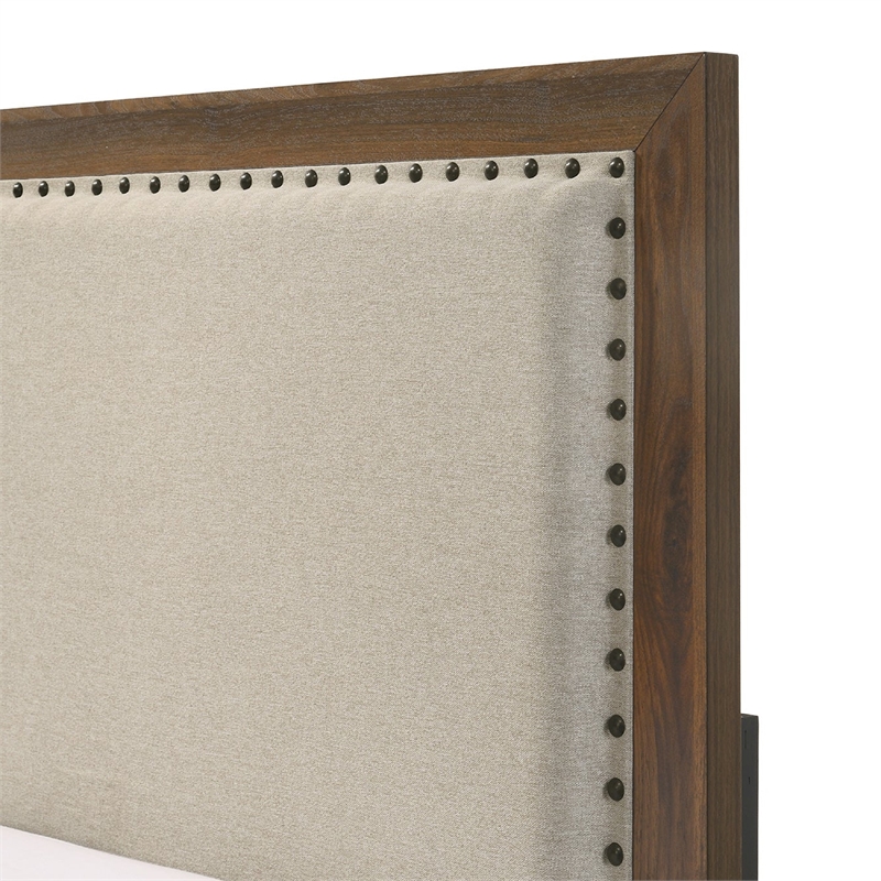 Benjara Shannon Twin Bed with Nailhead Trim- Ivory Fabric on Cherry Brown Wood