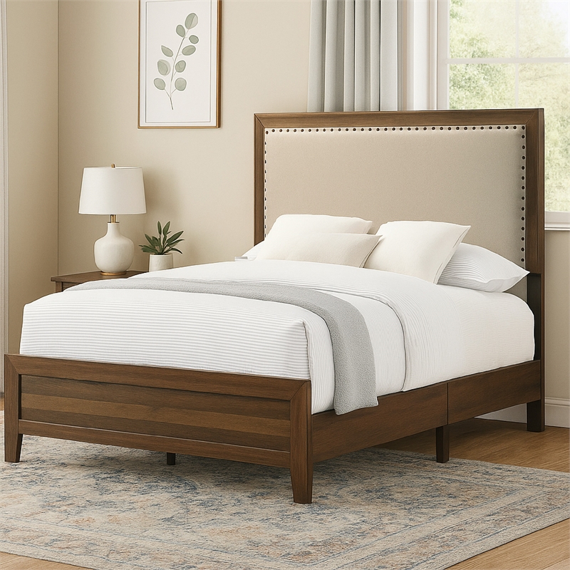 Benjara Shannon Twin Bed with Nailhead Trim- Ivory Fabric on Cherry Brown Wood