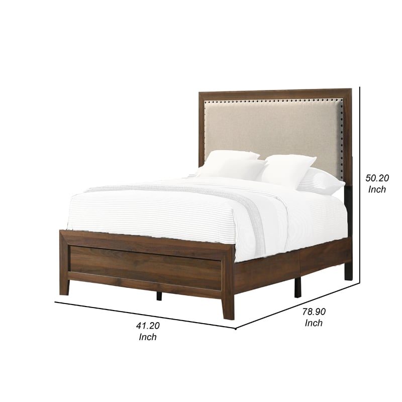 Benjara Shannon Twin Bed with Nailhead Trim- Ivory Fabric on Cherry Brown Wood