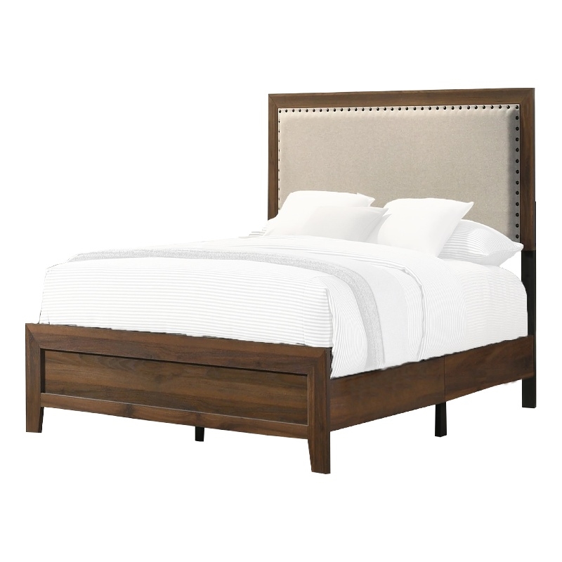 Benjara Shannon Twin Bed with Nailhead Trim- Ivory Fabric on Cherry Brown Wood