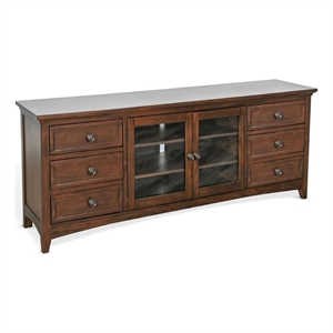 Benjara Xyla TV Stand Media Cabinet Glass Door- 6 Drawers- Brown Wood- 62 Inch