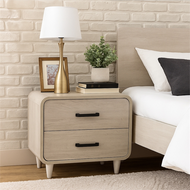 Benjara Meni Nightstand- 2 Drawers- Black Metal Handles- Scandinavian White