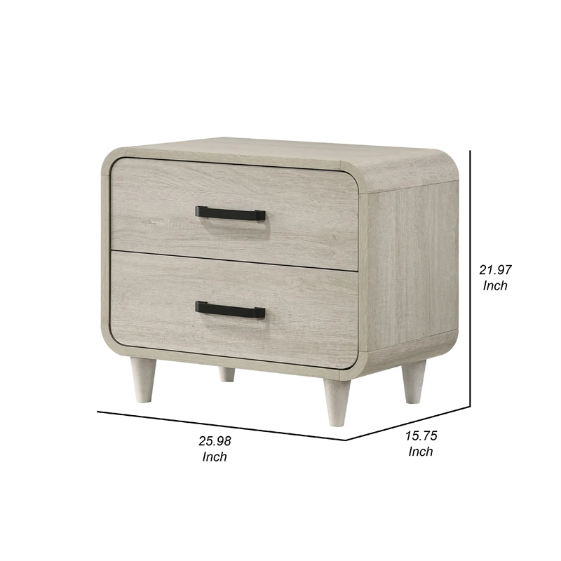 Benjara Meni Nightstand- 2 Drawers- Black Metal Handles- Scandinavian White