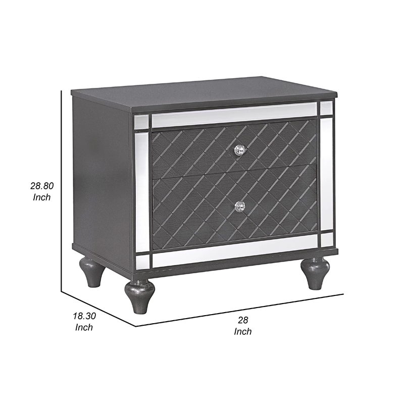 Benjara Reff Nightstand- 2 French Dovetail Drawers- Crystal Knobs- Gray