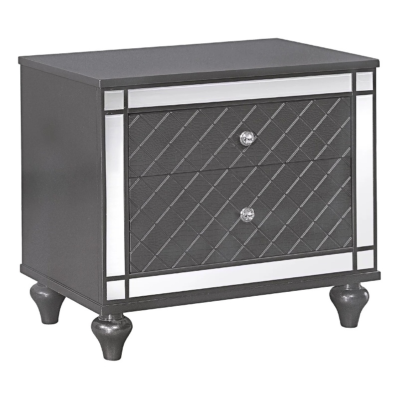 Benjara Reff Nightstand- 2 French Dovetail Drawers- Crystal Knobs- Gray