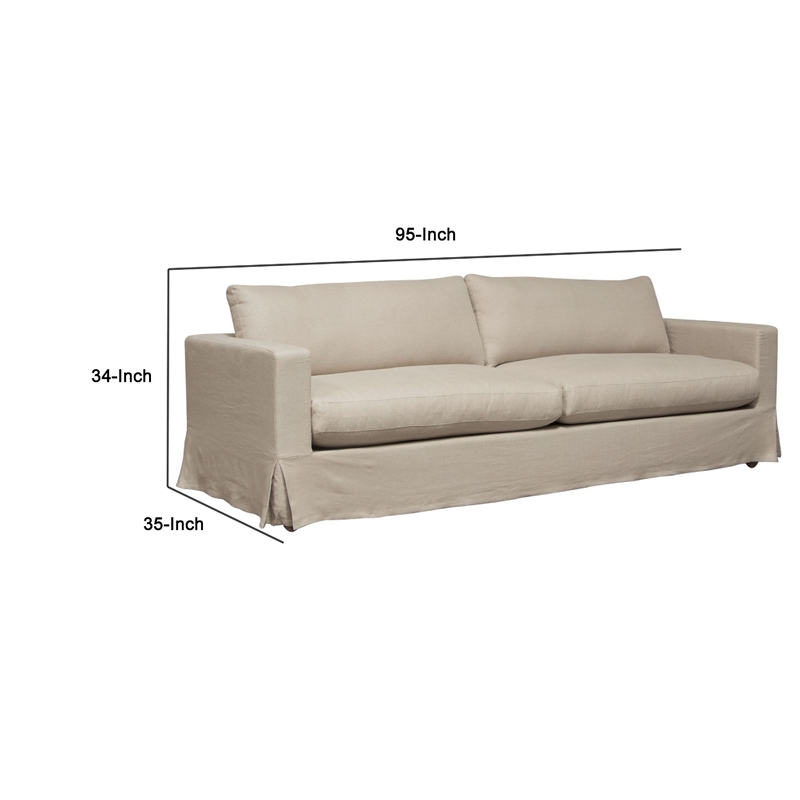 Benjara Aiza Sofa- 94 Inch- Feather Down Seating- Sand Brown- Linen Cover