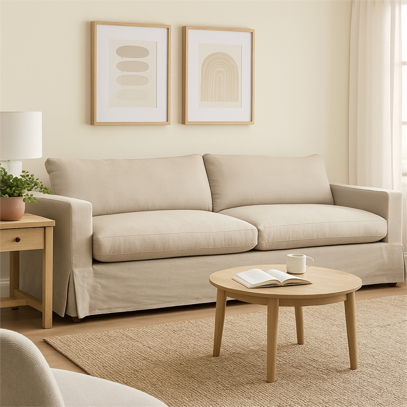 Benjara Aiza Sofa- 94 Inch- Feather Down Seating- Sand Brown- Linen Cover