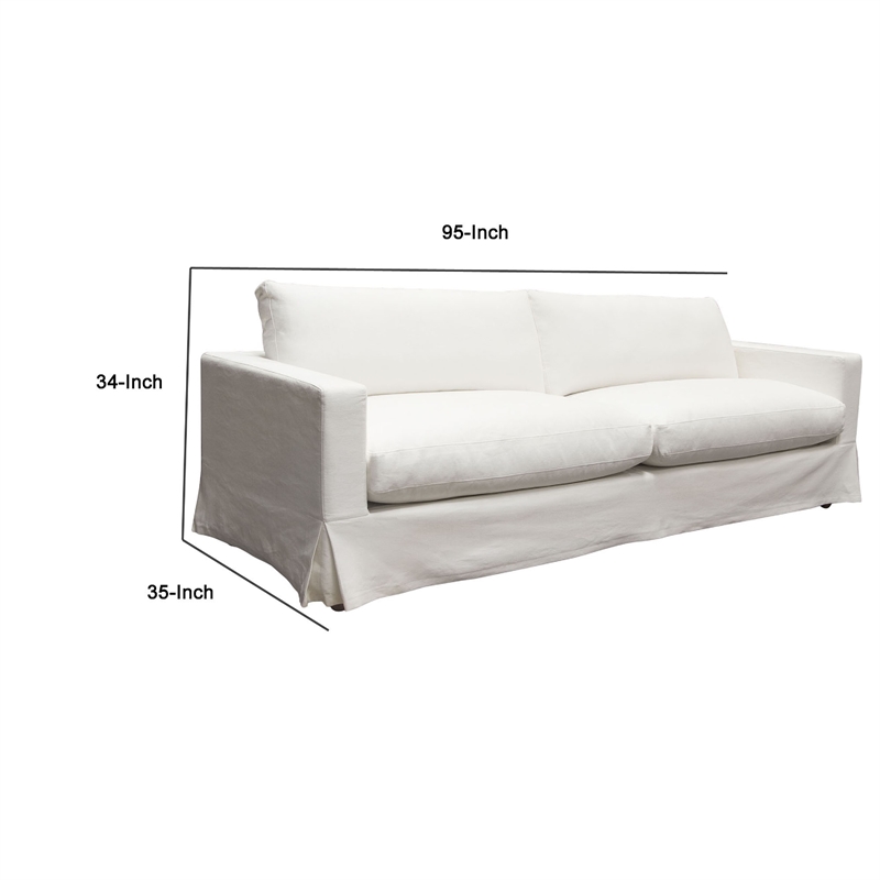Benjara Aiza Sofa- 94 Inch- Feather Down Seating- White- Linen Cover