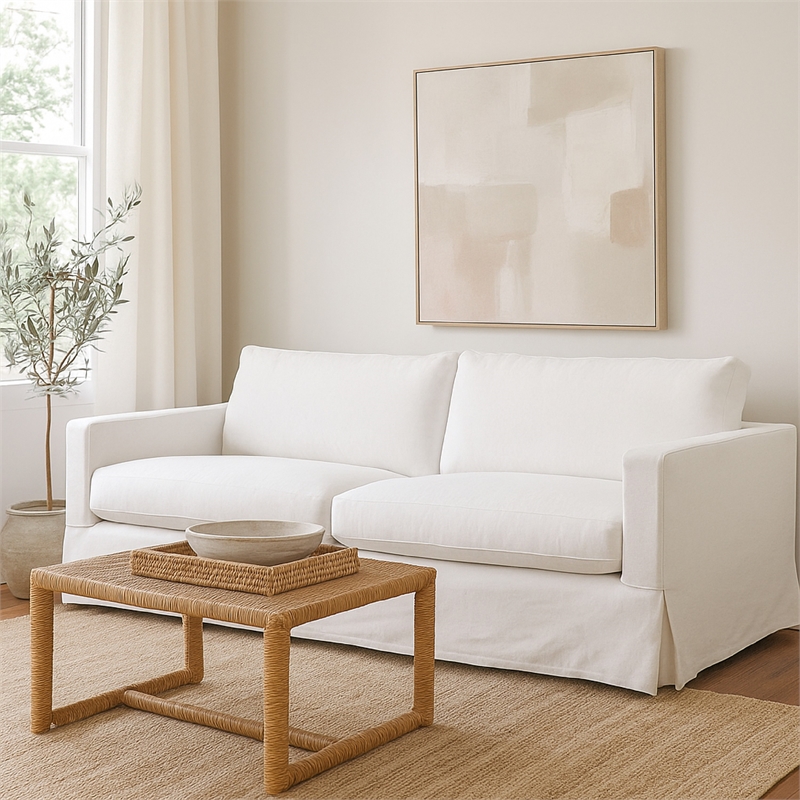 Benjara Aiza Sofa- 94 Inch- Feather Down Seating- White- Linen Cover