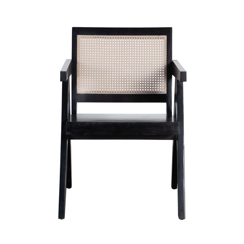 Benjara Kato Dining Armchair- Cane Backrest- 24 Inch- Black Solid Mango Wood