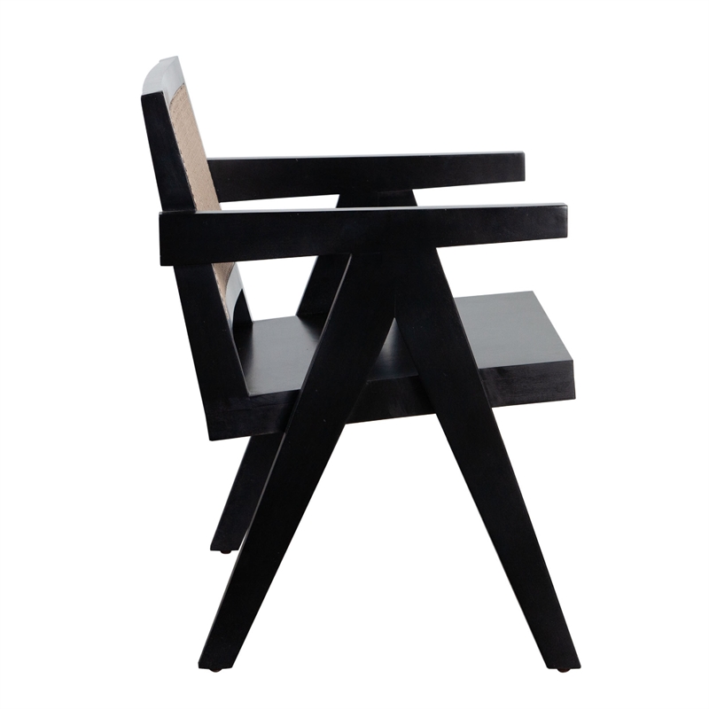 Benjara Kato Dining Armchair- Cane Backrest- 24 Inch- Black Solid Mango Wood
