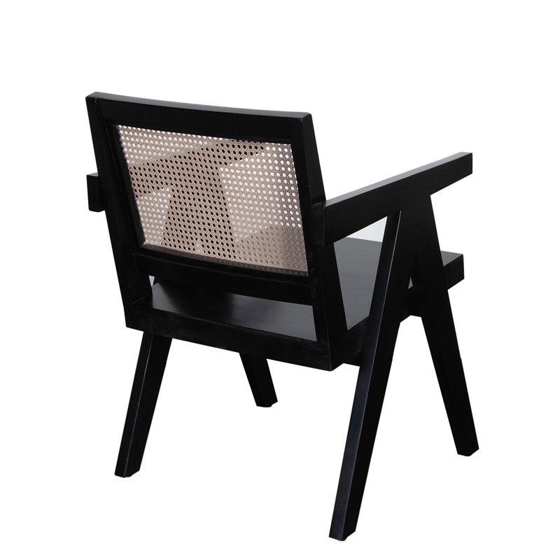 Benjara Kato Dining Armchair- Cane Backrest- 24 Inch- Black Solid Mango Wood