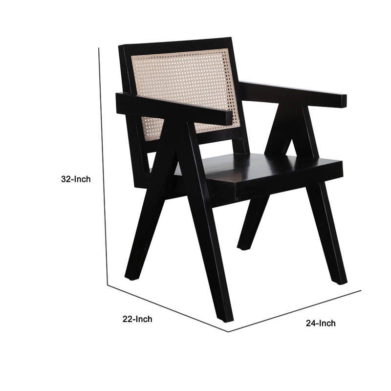 Benjara Kato Dining Armchair- Cane Backrest- 24 Inch- Black Solid Mango Wood