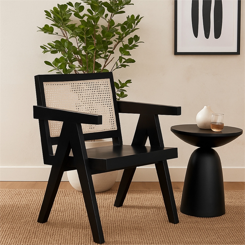 Benjara Kato Dining Armchair- Cane Backrest- 24 Inch- Black Solid Mango Wood