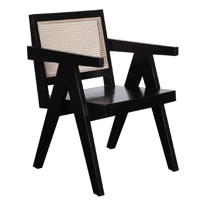 Benjara Kato Dining Armchair- Cane Backrest- 24 Inch- Black Solid Mango Wood
