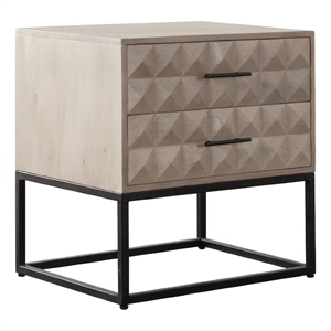 Benjara Zoe End Table Nightstand- Ash Gray Carved Fronts- Black Metal Base