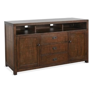 Benjara Raven TV Stand Media Cabinet- Brown Mahogany Wood 66 Inch