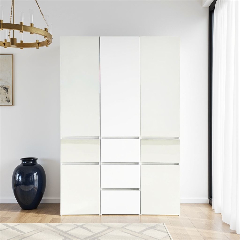 Benjara Ely Closet Cabinet Set- Center Mirror Front- 7 Drawers- 71 Inch- White