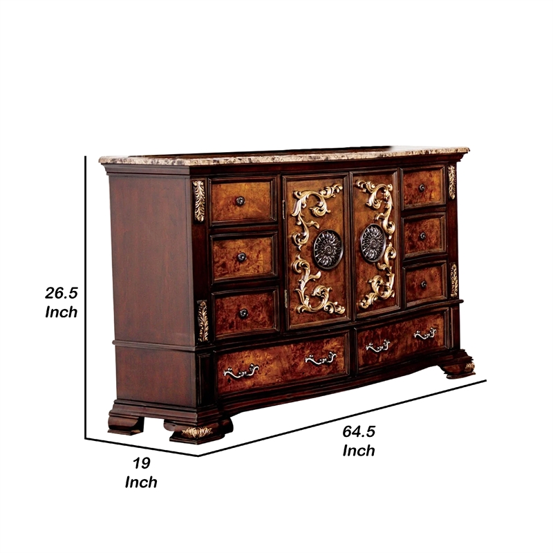 Benjara Iliana 8 Drawer Wide Dresser with 2 Door Cabinet- Dark Cherry Brown Wood