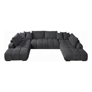Benjara Cloe U Sectional Sofa- 3 Accent Pillows- Gray Linen Fabric- 149 Inch