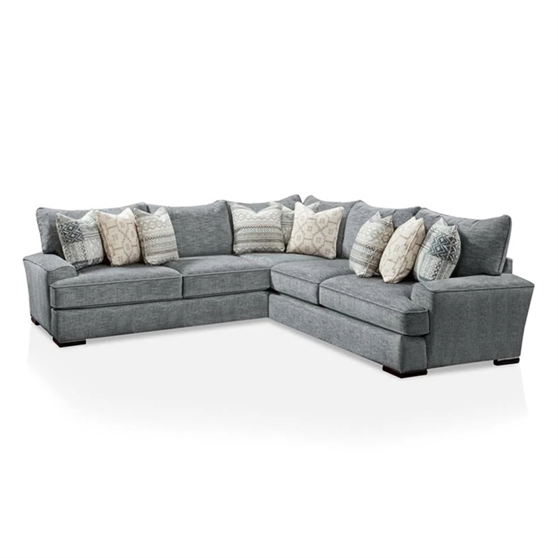 Benjara Ricy Sectional Corner L Sofa with 9 Pillows- Blue Chenille 122 Inch