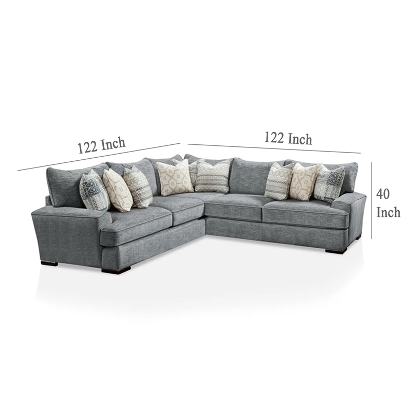 Benjara Ricy Sectional Corner L Sofa with 9 Pillows- Blue Chenille 122 Inch