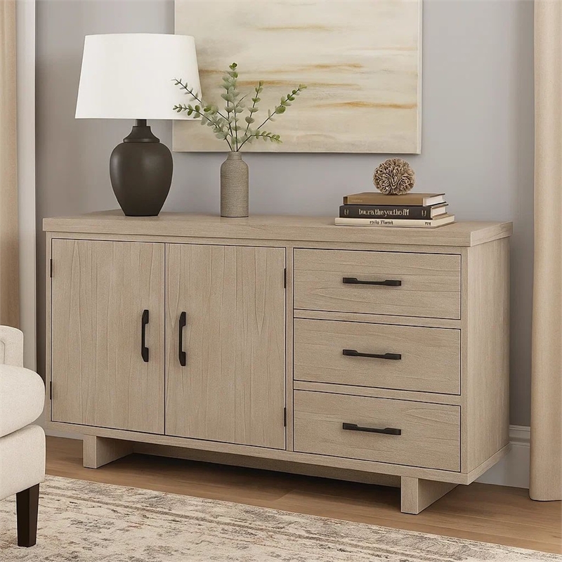 Benjara Hagy Sideboard Buffet Console- Natural Brown Wood- 2 Doors- 60 Inch