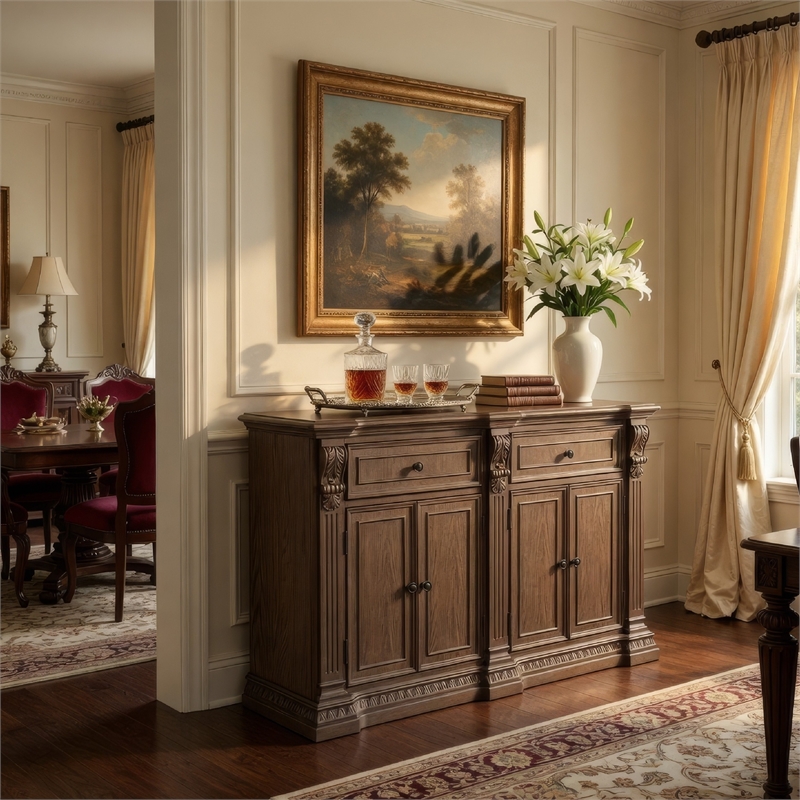 Benjara Hama Sideboard Buffet Console- 4 Doors- Oak Brown Wood- 60 Inch