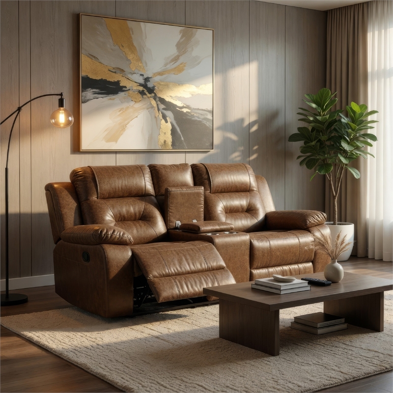 Benjara Kius Manual Recliner Loveseat- Brown Faux Leather- 70