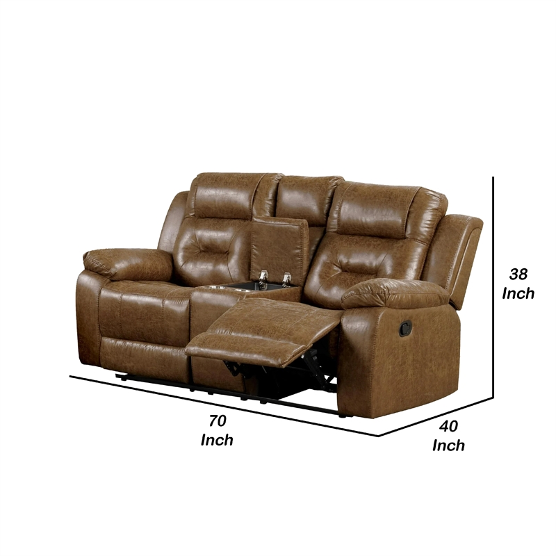 Benjara Kius Manual Recliner Loveseat- Brown Faux Leather- 70