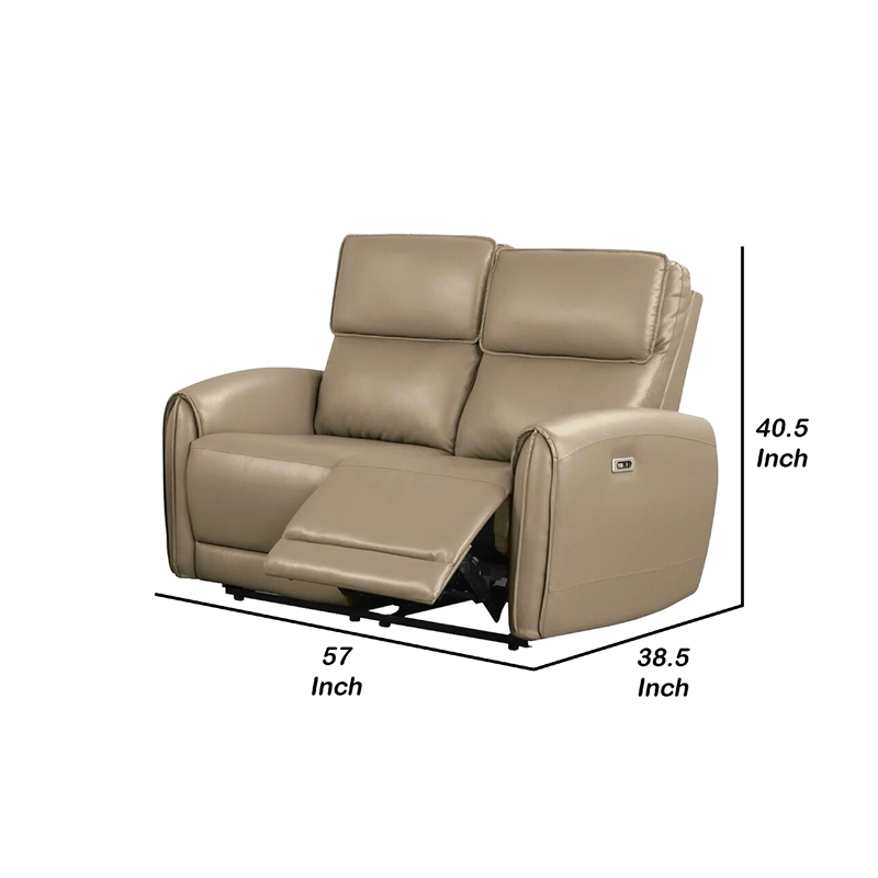 Benjara Sily Power Reclining Loveseat- Beige Faux Leather- 57 Inch- USB Ports