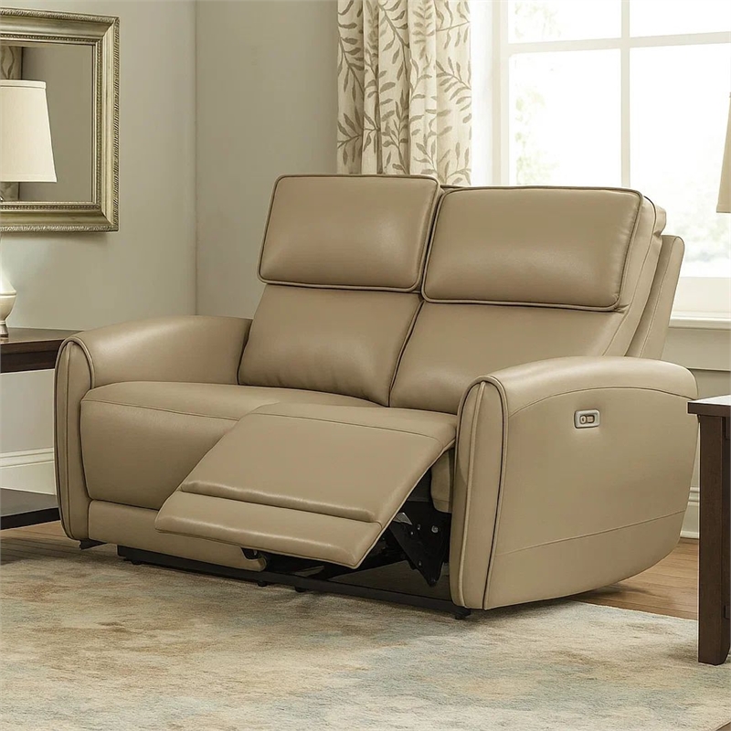 Benjara Sily Power Reclining Loveseat- Beige Faux Leather- 57 Inch- USB Ports