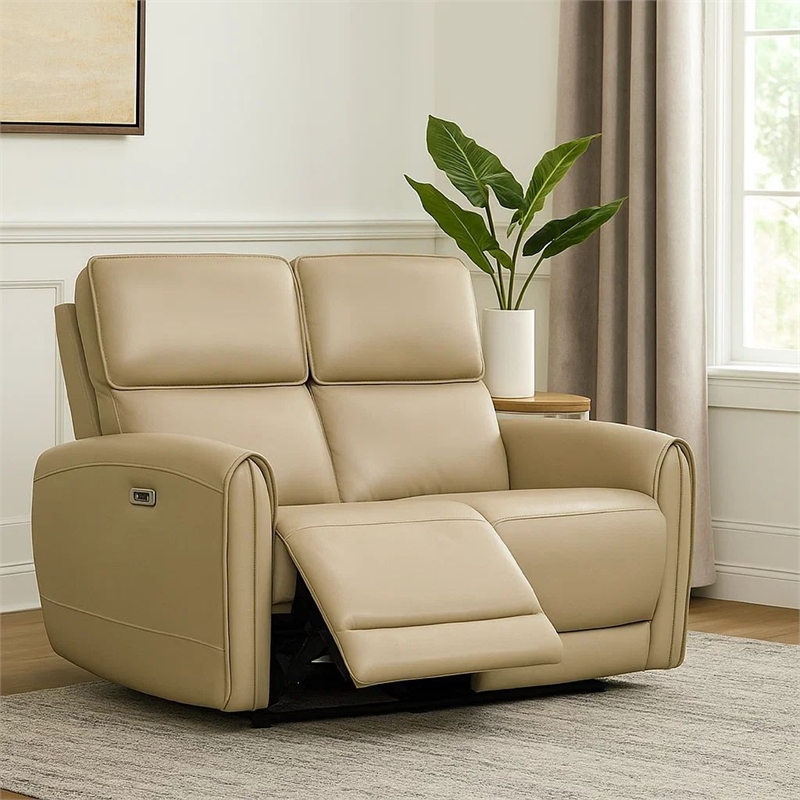 Benjara Sily Power Reclining Loveseat- Beige Faux Leather- 57 Inch- USB Ports