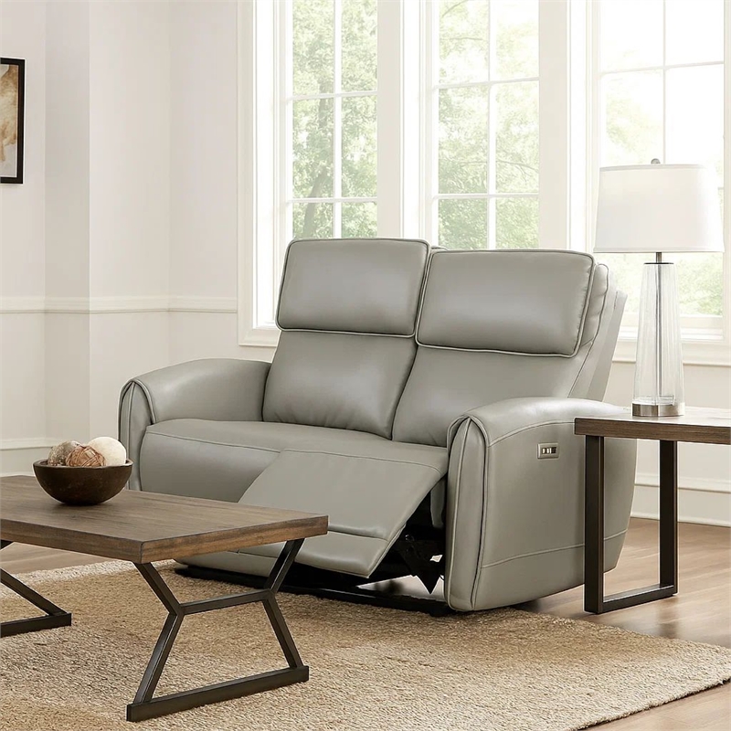 Benjara Sily Power Reclining Loveseat- Gray Faux Leather- 57 Inch- USB Ports