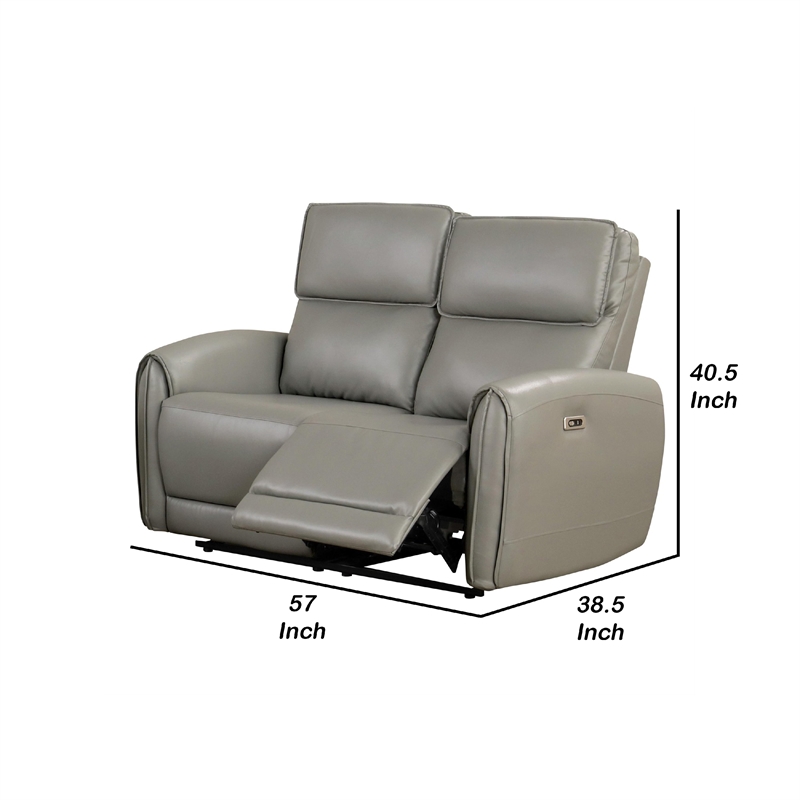 Benjara Sily Power Reclining Loveseat- Gray Faux Leather- 57 Inch- USB Ports