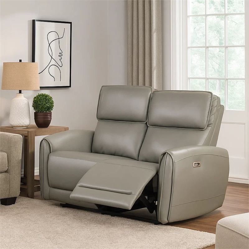 Benjara Sily Power Reclining Loveseat- Gray Faux Leather- 57 Inch- USB Ports