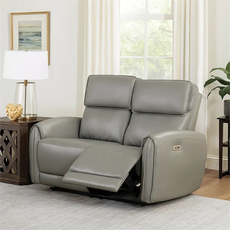 Benjara Sily Power Reclining Loveseat- Gray Faux Leather- 57 Inch- USB Ports